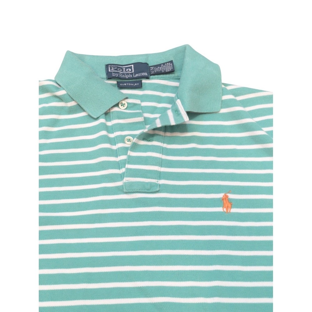 Polo Ralph Lauren Men's M Green Cotton Custom Fit Striped Short Sleeve Polo